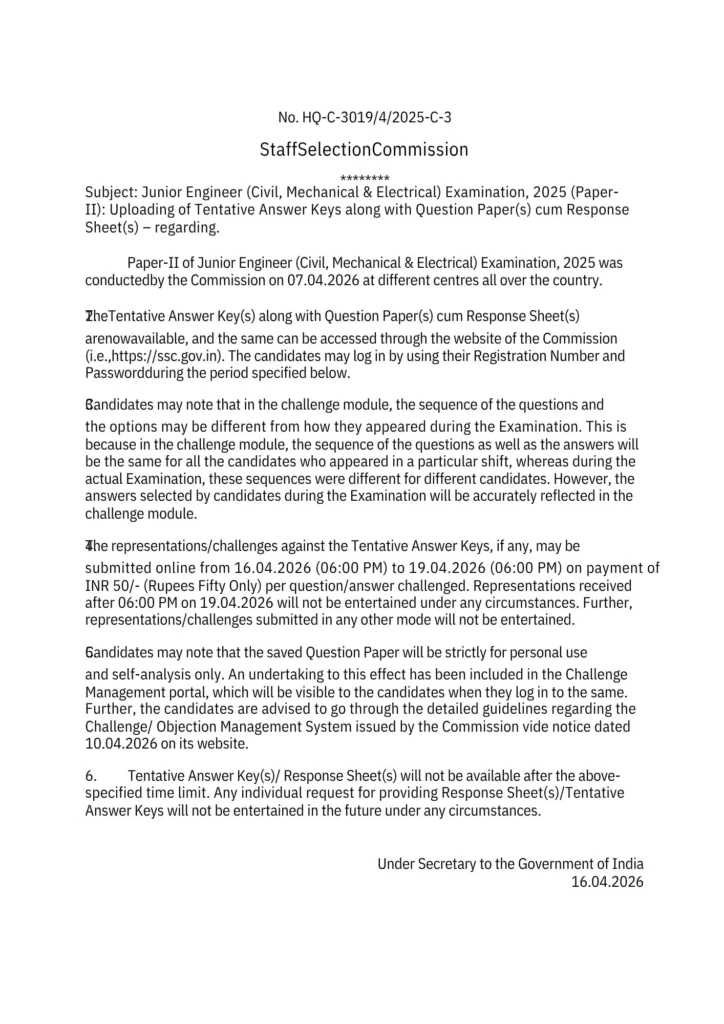 SSC JE Paper-II Answer Key 2025